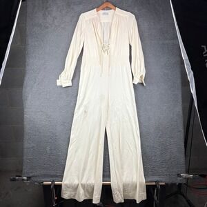 Frances Henaghan Vintage 70s Cream Wide Leg Jumpsuit Lace Up Smocked Womens